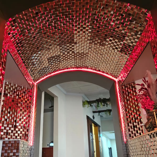 A hallway with a mirrored, arched ceiling and walls, illuminated by red neon lights.
